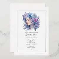 Silver, Icy Blue and Lilac Floral Bridal Shower Foil Invitation