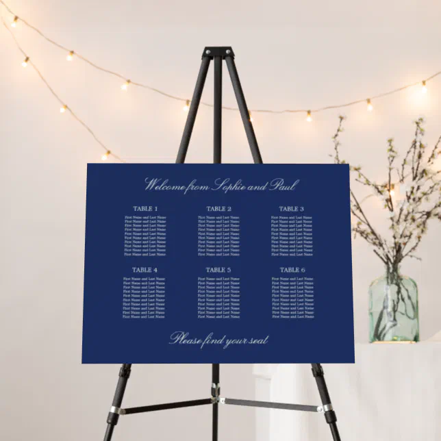 Navy Blue 6 Table Wedding Seating Chart Foam Board