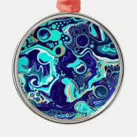 Blue Teal Ocean Swirls Fluid Art    Metal Ornament