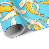 Fun Cartoon Bananas Aqua Blue Yellow Fruit Pattern Wrapping Paper