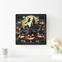 Glowing pumpkins under the full moon square wall clock