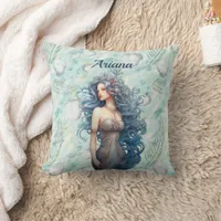 Beautiful Blue-Haired Mermaid  Throw Pillow