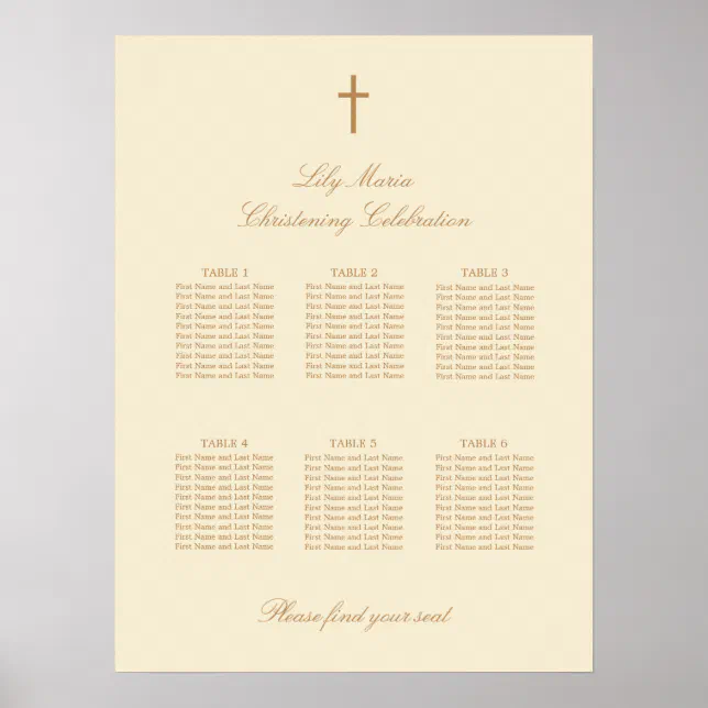 Cream 6 Table Christening Seating Chart Poster