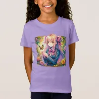 Anime Girl and Butterfly Watercolor  T-Shirt