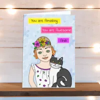 Just Thinking About You | Folk Art Girl and Cat  Card