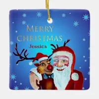 Watercolor Magical Santa Claus Smiling Rudolph Ceramic Ornament