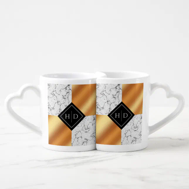 Elegant Marble & Copper Foil Monogram Wedding Coffee Mug Set