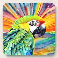 Cute AI Generated Watercolor Style Green Parrot Beverage Coaster