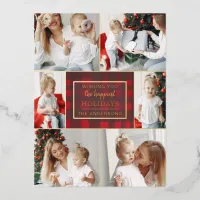 Red Gold Plaid 6 Photos Collage Christmas Foil Holiday Postcard