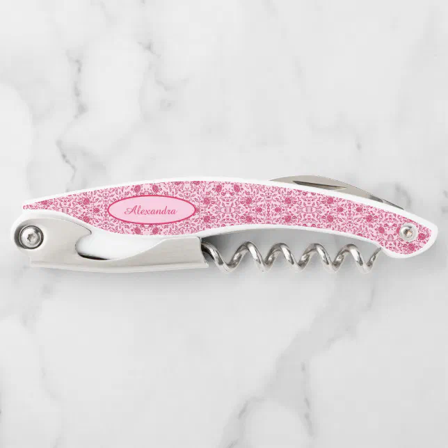 Elegant Flowery Pink and Red Damask Waiter's Corkscrew