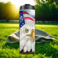 Bald Eagle in front of American Flag Patriotic Art Thermal Tumbler