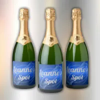 Glam Brushed Metal and Glitter Blue Monogram | Sparkling Wine Label