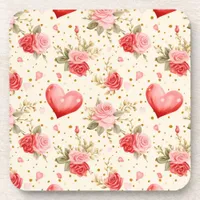 Valentine's Pink and Red Roses and Hearts  Beverage Coaster