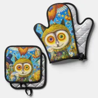 Chaotic and Colorful Fantasy Creatures Dall-E Art Oven Mitt & Pot Holder Set