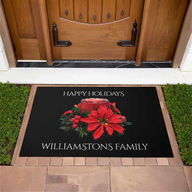 Festive Red Christmas Candle, Holly and Poinsettia Doormat