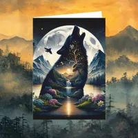 Mystical Wolf Howling at Moon Surreal Birthday Card