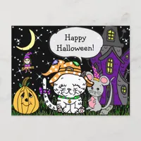 Happy Halloween White Cat and Mouse Cute Postcard