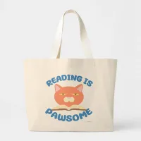 Reading is Pawsome Funny Book Fun Toon Kitty Large Tote Bag