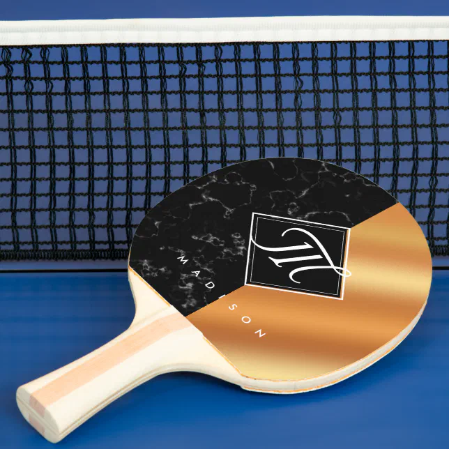 Elegant Black Marble & Copper Foil Script Monogram Ping Pong Paddle