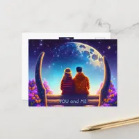 Friends or lovers on a bench in the moonlight postcard