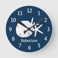 Sand Dollar Starfish Coastal Navy Blue Personalize Round Clock