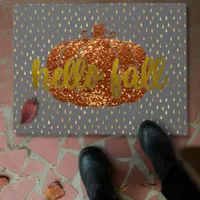 Hello Fall Glitter Pumpkin + Metallic Gold & Grey Doormat