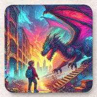 Boy Encounters a Dragon in a Dystopian World Beverage Coaster