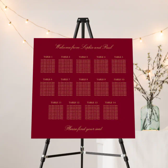 Burgundy Gold 14 Table Seating Chart Foam Board