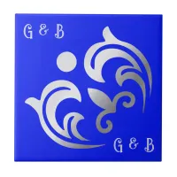 Monogrammed simple Silver on Blue | Ceramic Tile