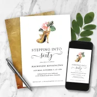 Stepping Into 60 Chic Floral Gold Heels Birthday Invitation