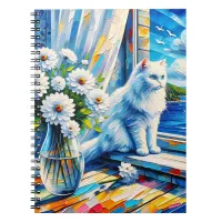 White Cat in Window sill Looking out at the Ocean Notebook