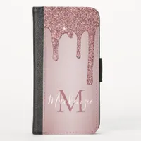 Girly Rose Gold Sparkle Glitter Drips Monogram iPhone X Wallet Case