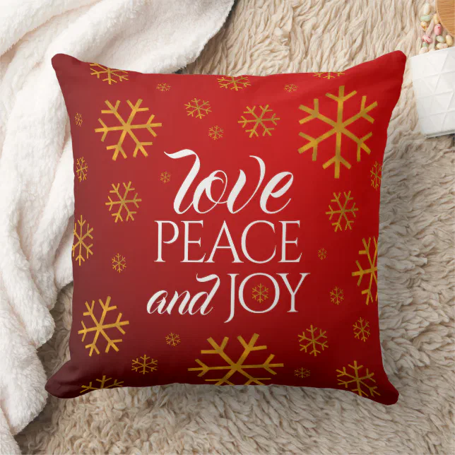 Festive Red Love, Peace, and Joy with Snowflakes Throw Pillow