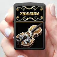 Intricate Tiger Engraving on Acoustic Violin Zippo Lighter