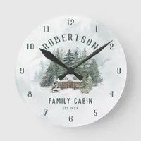 Family Cabin Watercolor Forest Pine Trees Round Clock