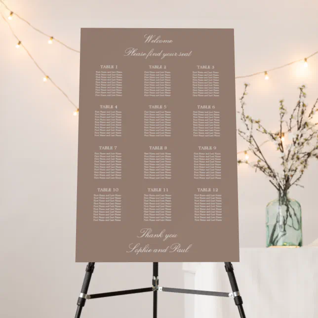 Taupe 12 Table Wedding Seating Chart Foam Board