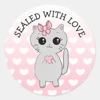 Sealed with Love Cartoon Cat with Bow Heart Classic Round Sticker