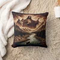 Jesus Blessing a Serene River Landscape Throw Pillow