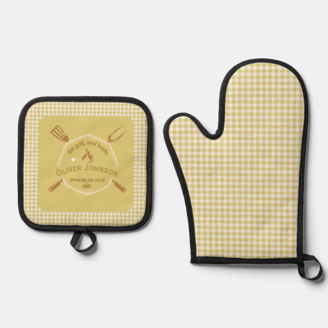 ... Golden Yellow Plaid Pattern Oven Mitt & Pot Holder Set