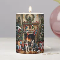 Festive decorated room, fireplace, cats, vintage pillar candle