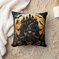 Spooky scarecrow in pumpkin patch throw pillow