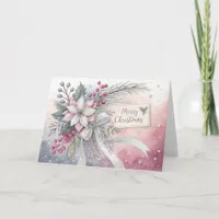 Pink Poinsetta and Silver Ribbon Christmas Card