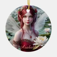 Beautiful July Fairy in Water Lilies Ceramic Ornament