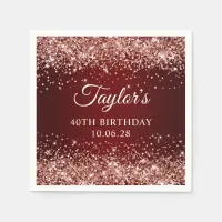 Rose Gold Glitter Dark Red Ombre 40th Birthday Napkins