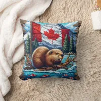 Canadian Beaver on Lake With Canadian Flag Throw Pillow