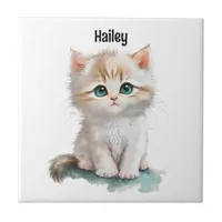 Watercolor Adorable Kitten with Blue Eyes  Ceramic Tile