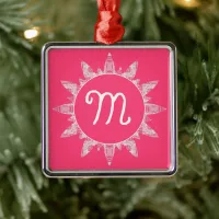 Pink White Monogram Snowflake Star Christmas Tree Metal Ornament