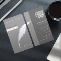 Modern Gray Feather Pen nib Logo Notary Public Business Card