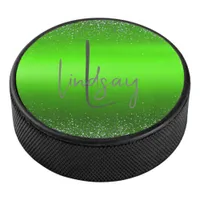 Green Brushed Metal Glitter Monogram Simple| Hockey Puck