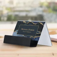 Navy Blue Gold Agate Elegant Modern Desk Business Card Holder